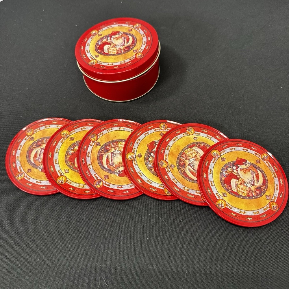 Vintage Santa Claus Christmas Coasters Set of‎ 6 with Matching Tin Red Gold Cork